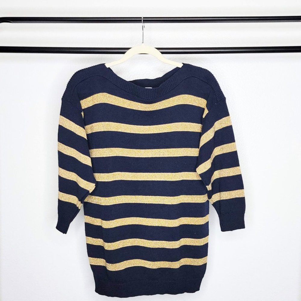 Centigrade Vintage 80s Navy & Gold Striped Boat Neck Long Sweater Size Medium